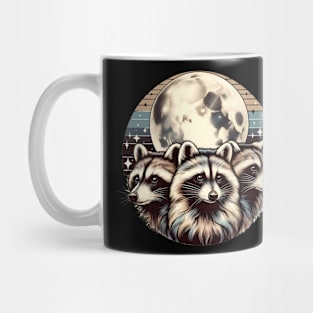 Retro Raccoon Trio: Vintage Graphic with Celestial Moon - Nostalgic, Dreamy, Mystical Illustration for Raccoon Lovers Mug